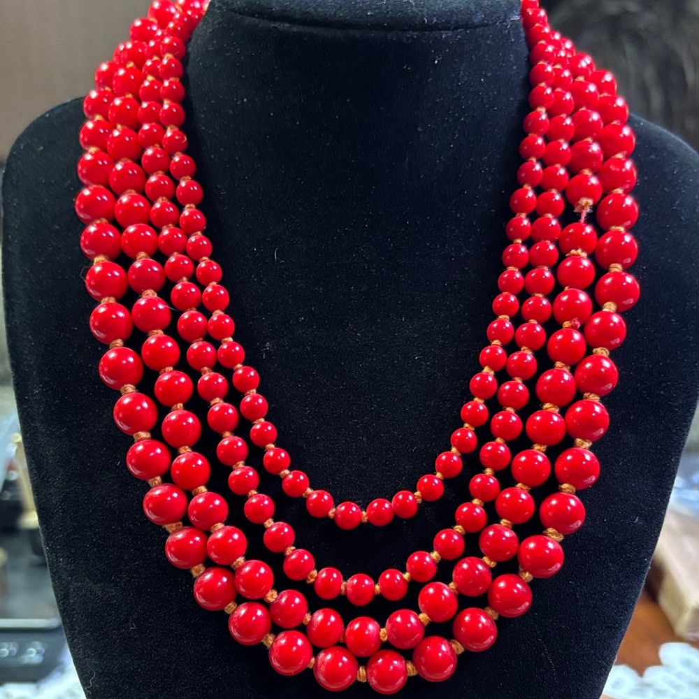 Japan red glass beaded 4 strand necklace